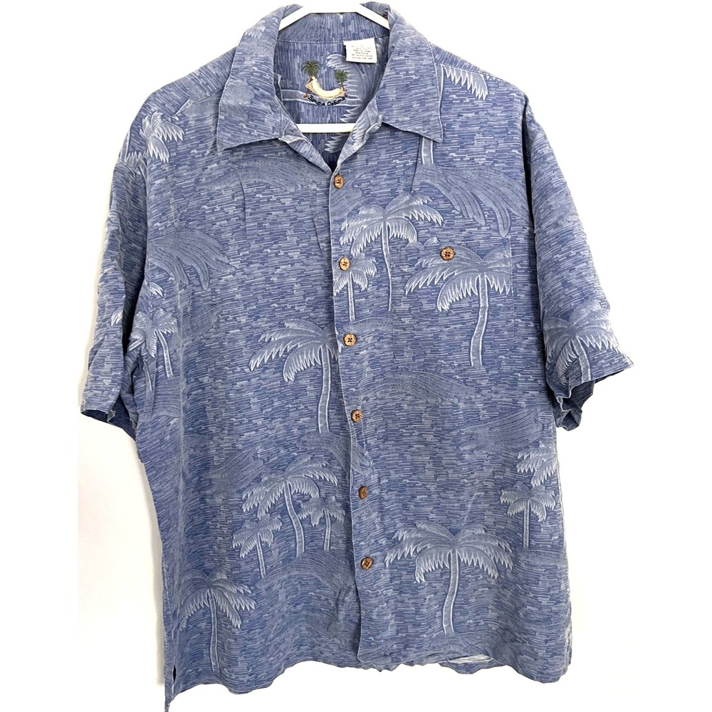 Banana Cabana Shirt Mens XL Blue Silk Palm Tree Hawaiian Camp Coconut Buttons